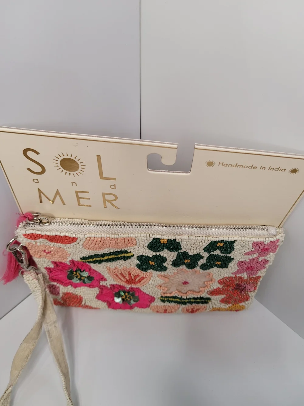 👉✨️ Sol and Mer Floral Beaded Wristlet Pouch - Pink & Cream